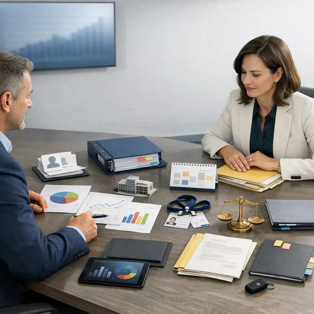 Family Office Insurance image of a structured meeting table with charts and folders representing key cost drivers like AUM, investment complexity, compliance, staffing, fiduciary duties, claims history, and cybersecurity.