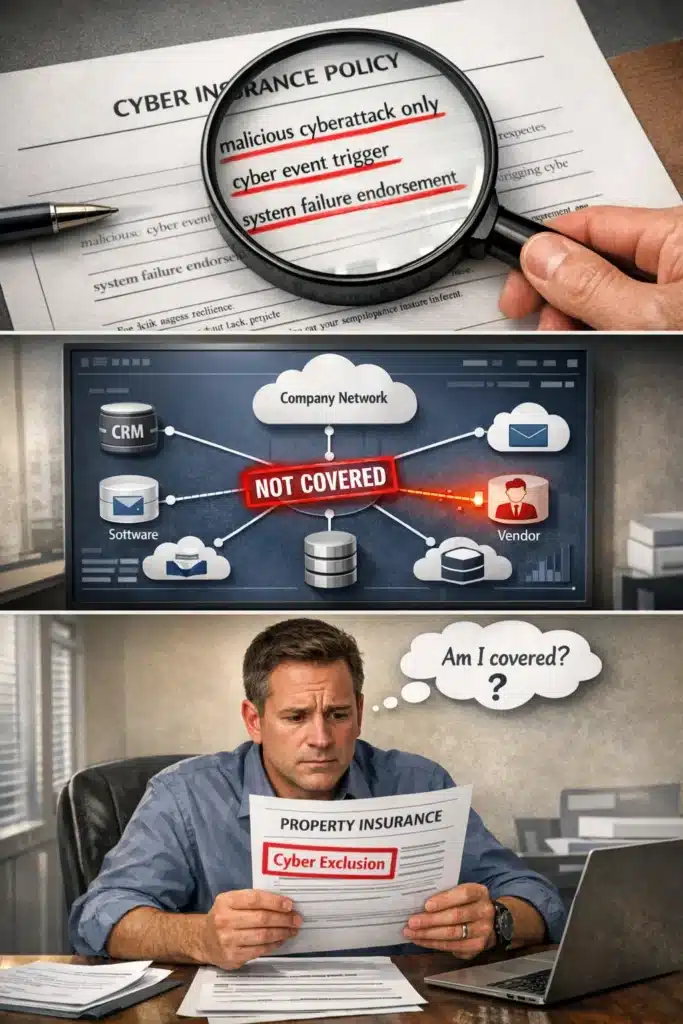 Vertical image showing critical policy gaps in cyber insurance, helping business owners understand what to review when asking how much cyber insurance should I buy.