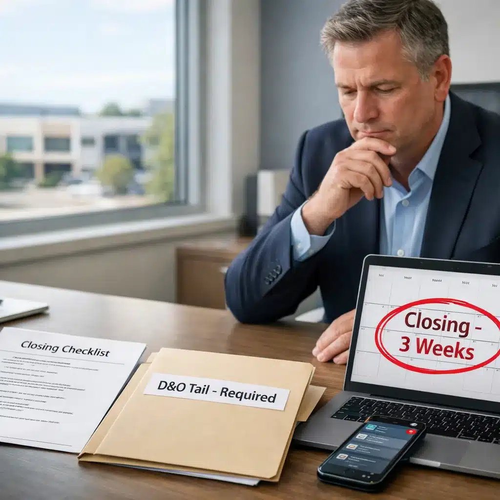 Private company owner reviewing closing documents and a new D&O tail policy requirement weeks before acquisition deadline.