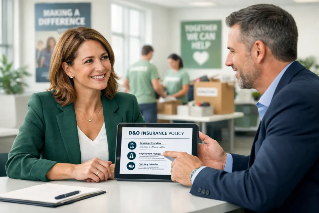 Female nonprofit executive meeting with an advisor to discuss Nonprofit D&O Insurance policy options in a modern office.