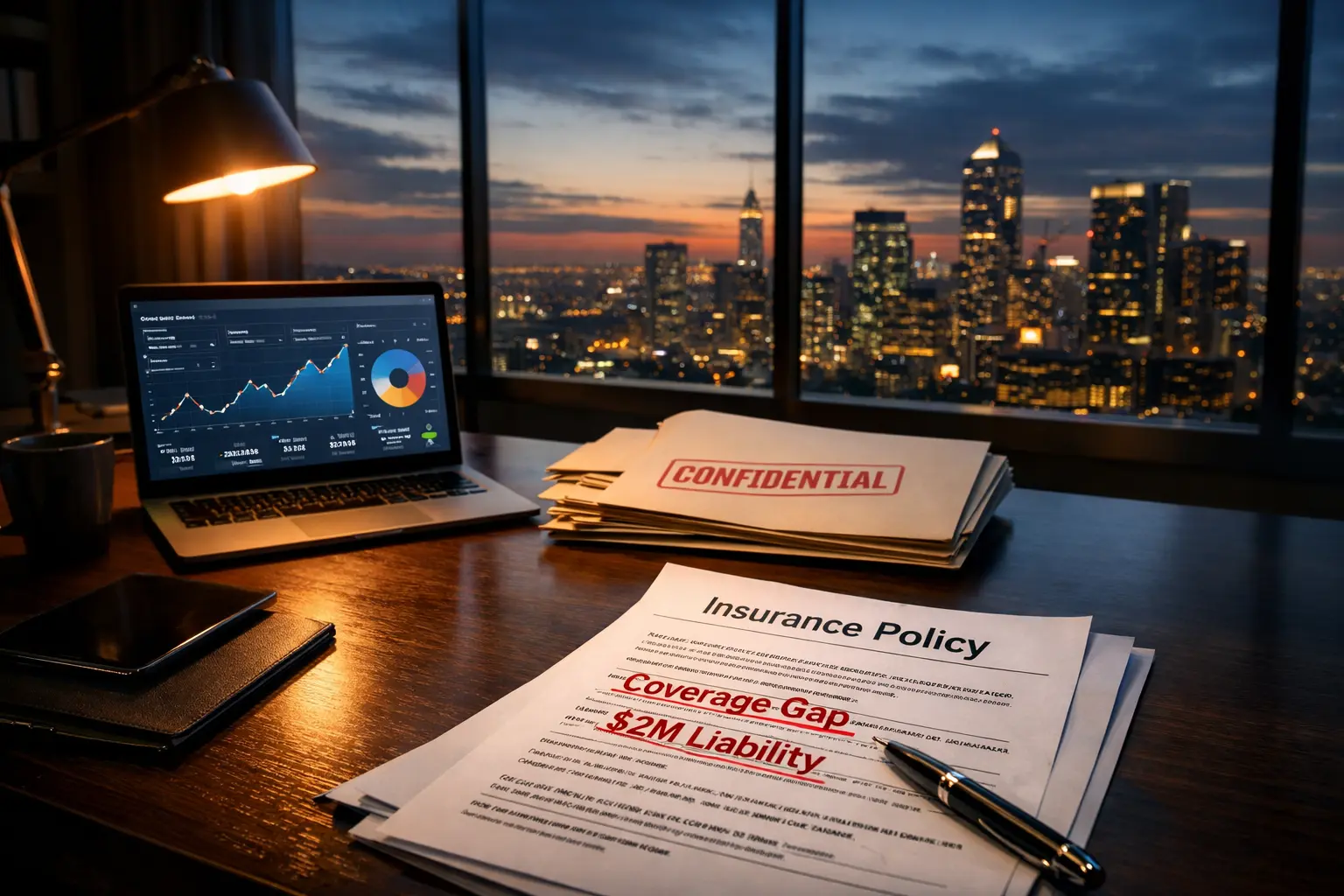 Photorealistic executive office with financial documents and a laptop showing insurance coverage gaps, illustrating risk exposure for M&A firms.