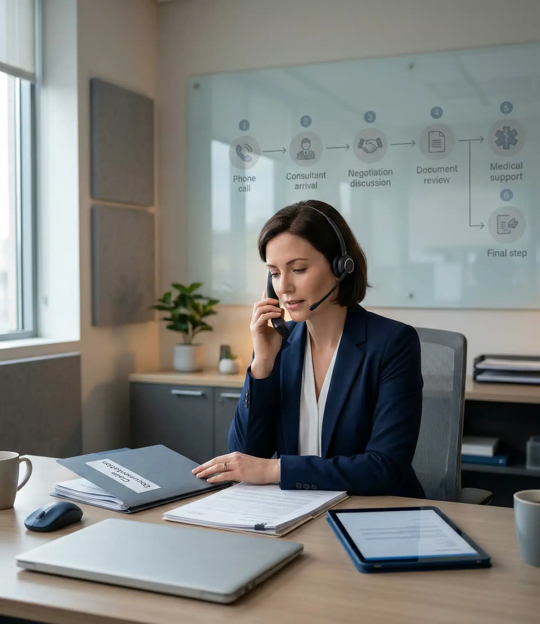 Business professional contacting a crisis hotline while reviewing documentation, demonstrating the structured claims process in Kidnap and Ransom Insurance.