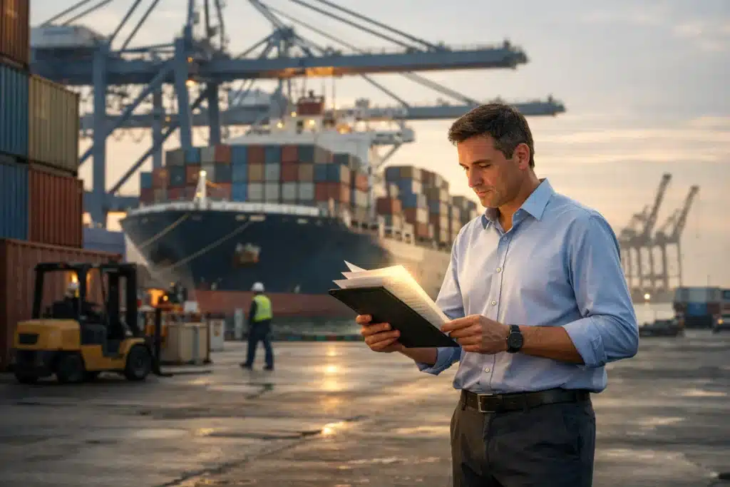 Ocean cargo manager reviewing shipping documents at a busy commercial port with container ships and stacked freight in the background.