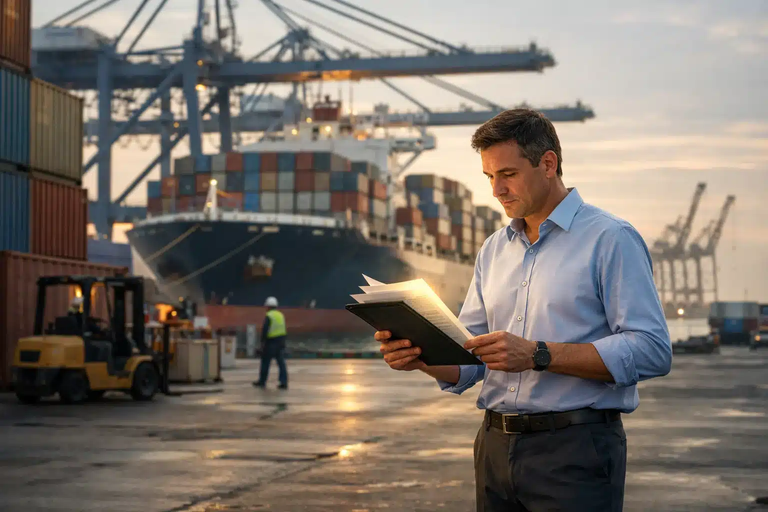 Ocean cargo manager reviewing shipping documents at a busy commercial port with container ships and stacked freight in the background.