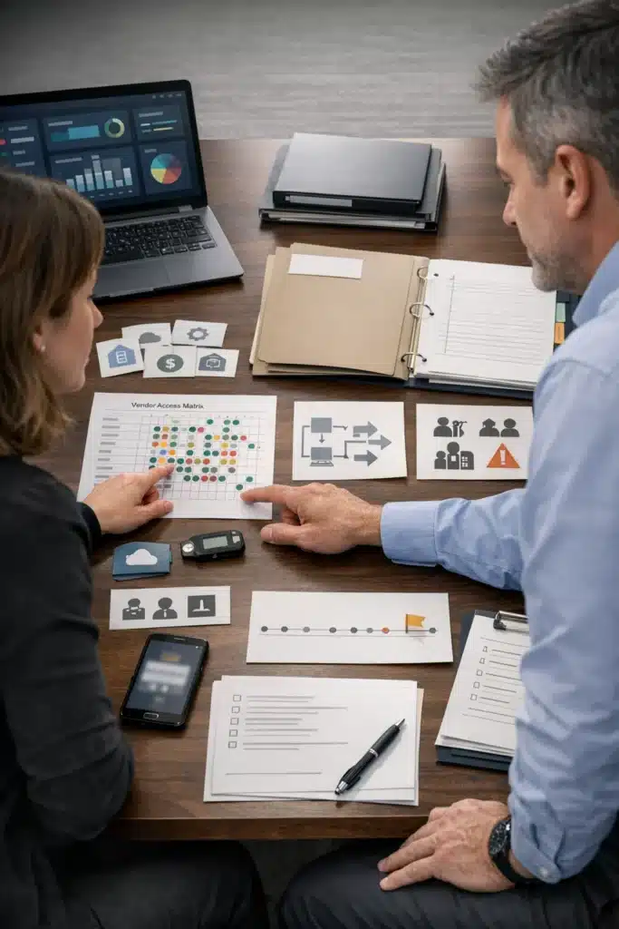 Family Office Insurance image of a team reviewing vendor access, MFA, incident response planning, HR documentation, and a five-year loss history timeline for underwriting