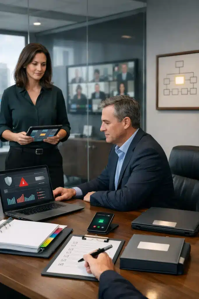 Family Office Insurance image of compliance and security review in a modern office, representing SEC regulatory exposure, cyber incident readiness, and key person continuity risk.