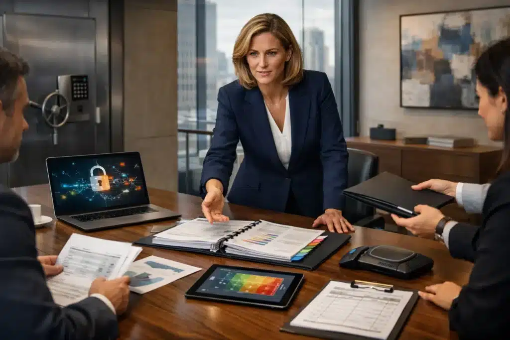 Family Office Insurance hero image of a team meeting with laptops and policy folders, representing governance, cyber risk, fiduciary duty, and operational protection.