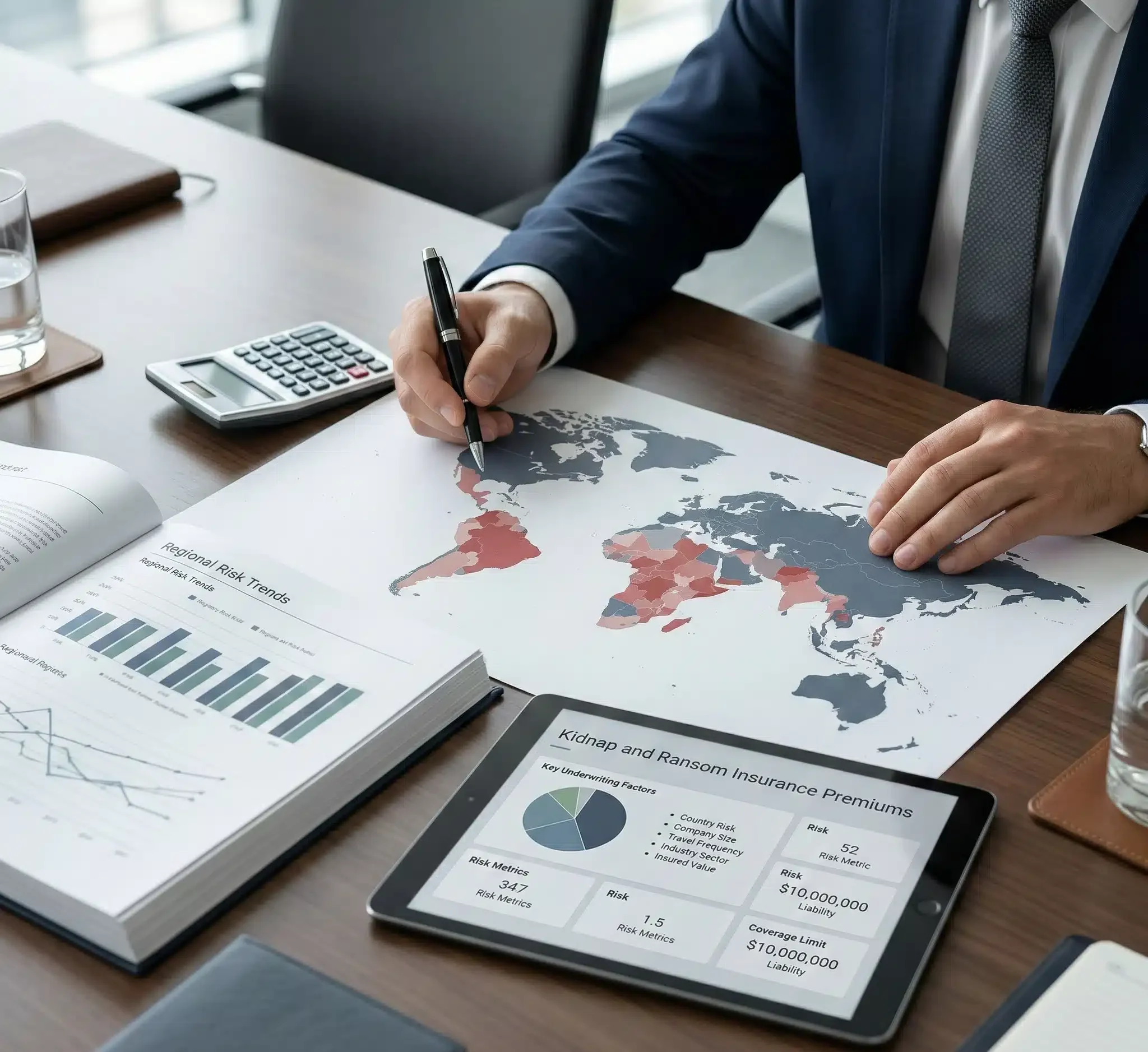 Business professional analyzing global risk maps and financial reports to determine pricing factors for Kidnap and Ransom Insurance premiums.