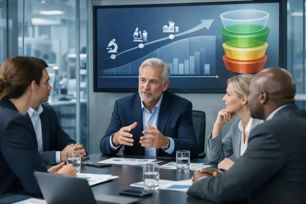 Life sciences leadership team discussing growth-stage risk planning, highlighting Life Sciences Insurance strategy from preclinical to commercial stage