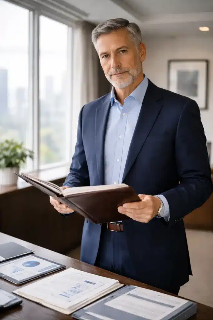 Senior insurance advisor holding financial documents in a modern office, symbolizing disciplined underwriting and Multi-Family Office Insurance program design.