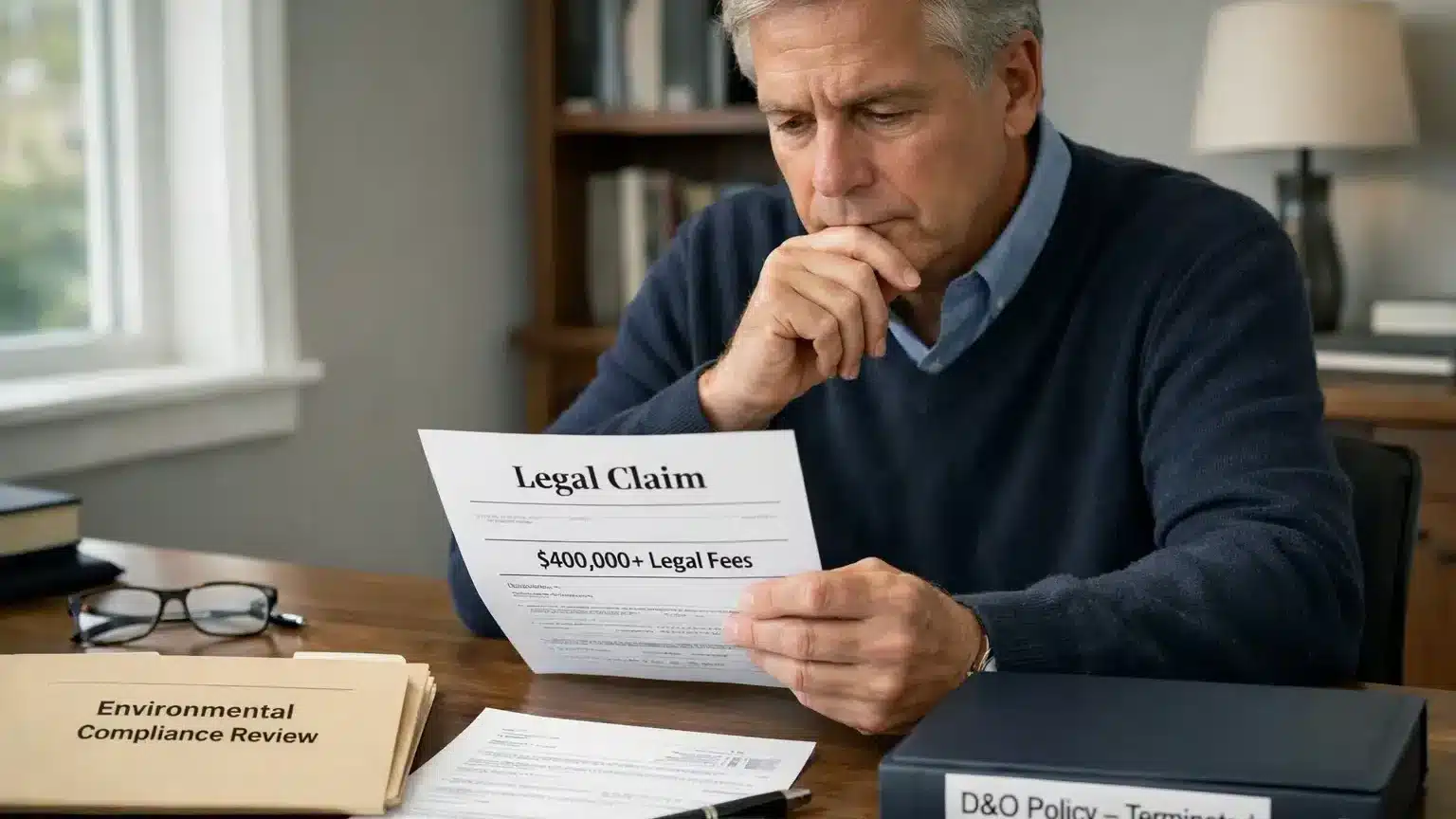 Former director reviewing a $400,000 legal defense invoice after canceling coverage without purchasing a D&O tail policy.