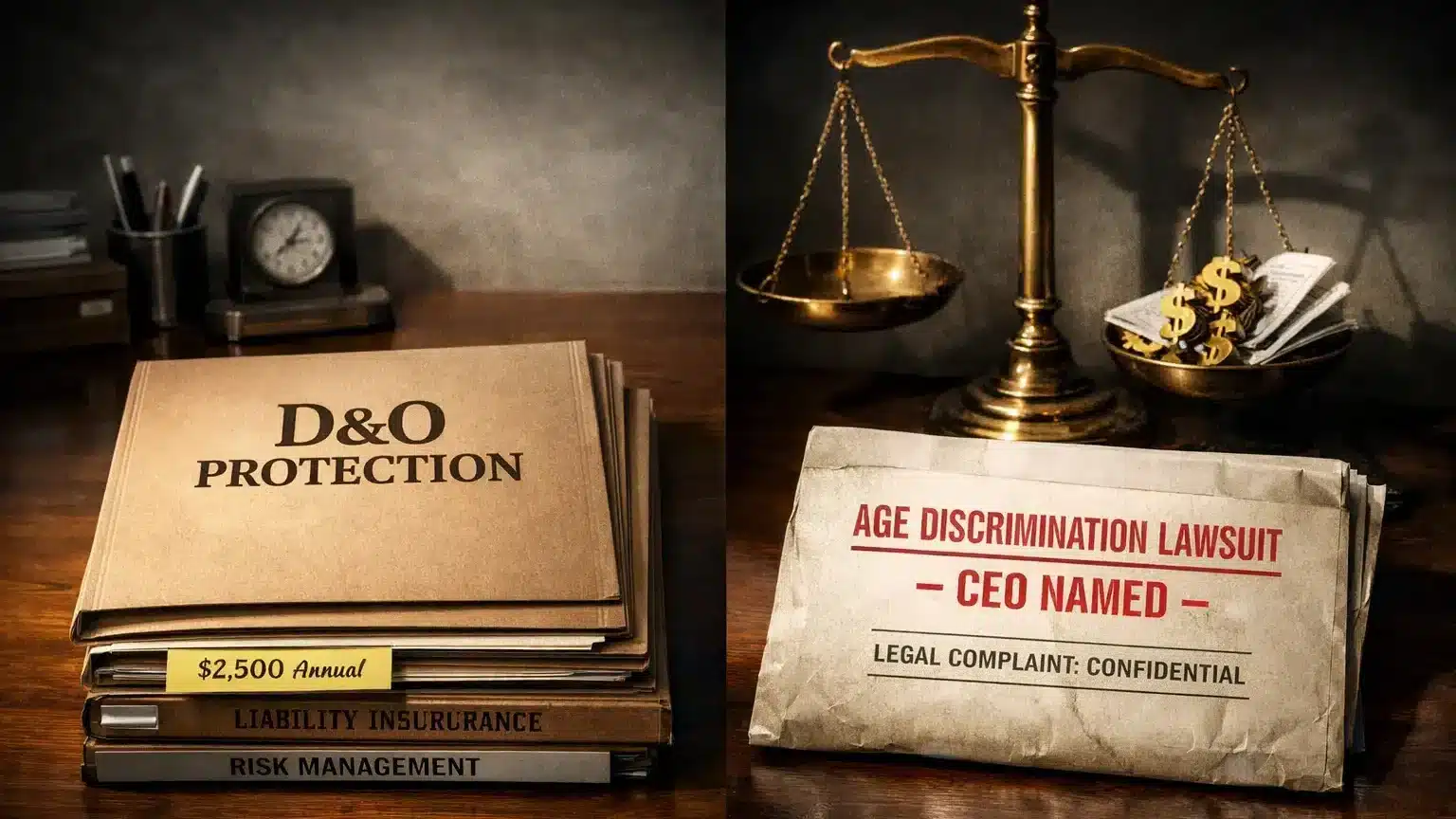 A split image of a desk showing a missed D&O insurance folder replaced by a lawsuit envelope naming the CEO, representing the personal risk of neglecting executive coverage in Search Fund Insurance.