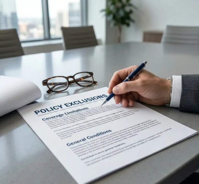 Close-up of an insurance contract labeled policy exclusions being reviewed in a corporate office, highlighting limitations within Kidnap and Ransom Insurance coverage.