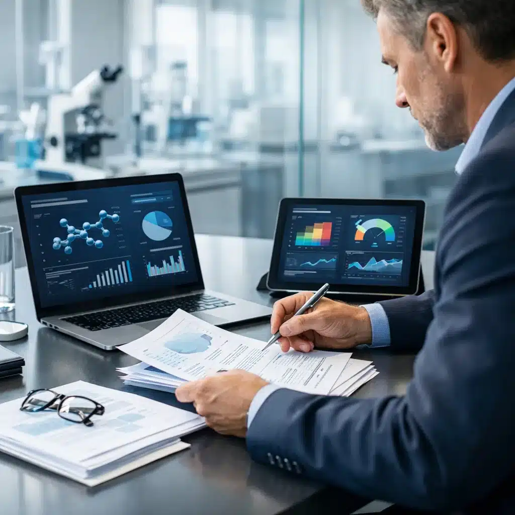 Life sciences executive preparing underwriting documents and compliance materials, showing Life Sciences Insurance quote readiness and risk review preparation