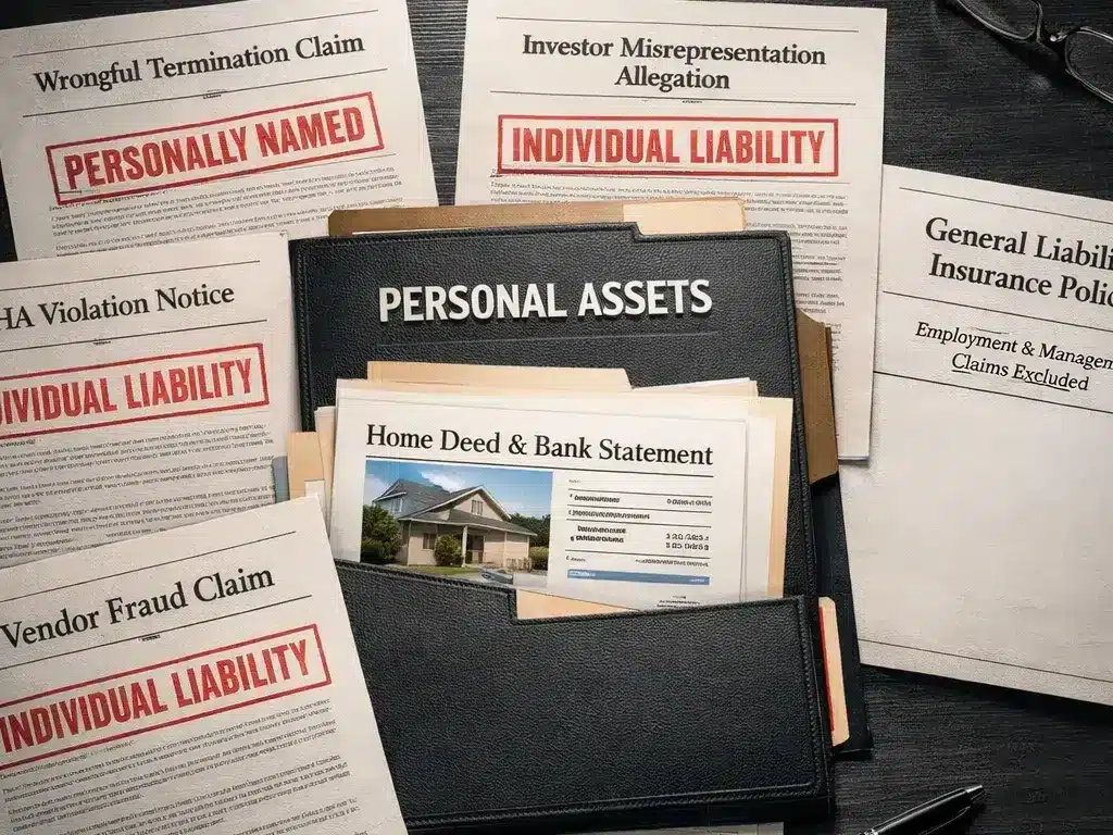 Top-down image of legal documents labeled with personal claims—wrongful termination, investor disputes, OSHA and DOL investigations—demonstrating how Search Fund Insurance must include personal asset protection.