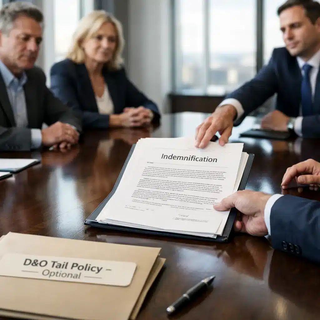 Executives reviewing merger agreement indemnification terms at closing, highlighting the risk of relying on contract language instead of securing a D&O tail policy.