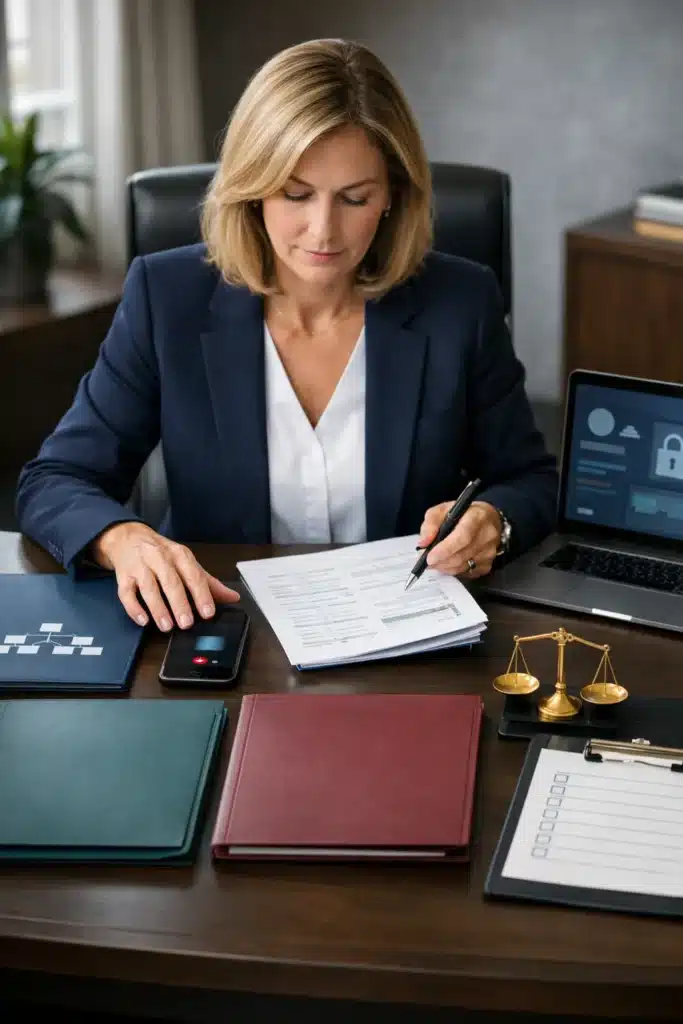 Family Office Insurance image of an executive reviewing organized coverage documents and dashboards, illustrating D&O vs E&O plus fiduciary, cyber, and crime protection.