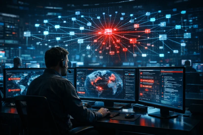 Cybersecurity analyst monitoring multiple client networks showing aggregation risk in Insurance for MSSP coverage and cascading breach impact