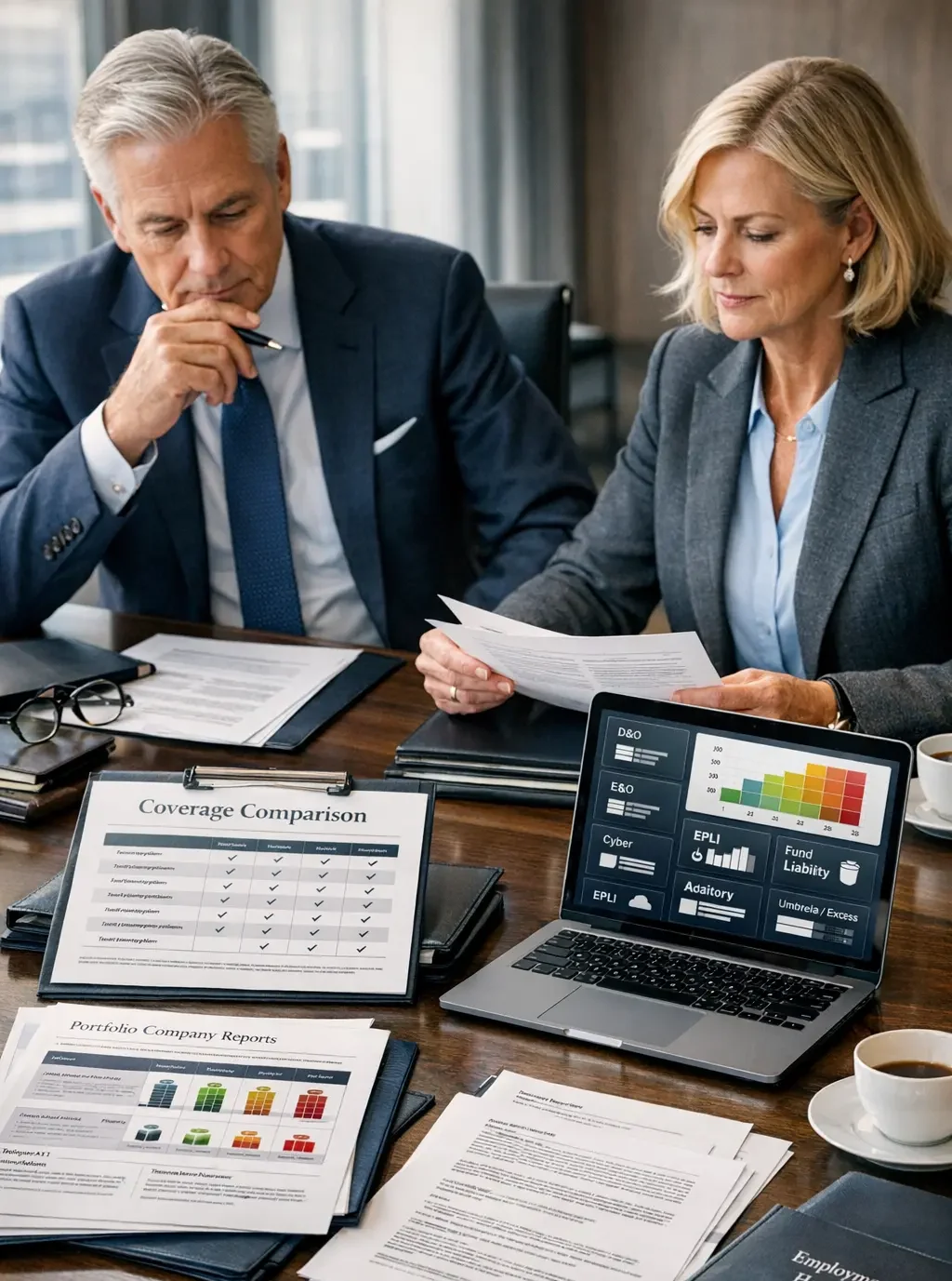 Insurance for Private Equity Firms meeting with executives reviewing coverage comparison, portfolio reports, and liability documents.