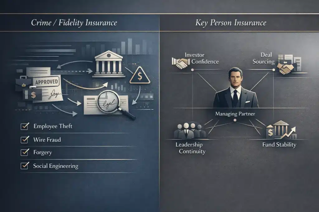 Insurance for Private Equity Firms infographic showing crime and fidelity insurance risks alongside key person insurance protection.