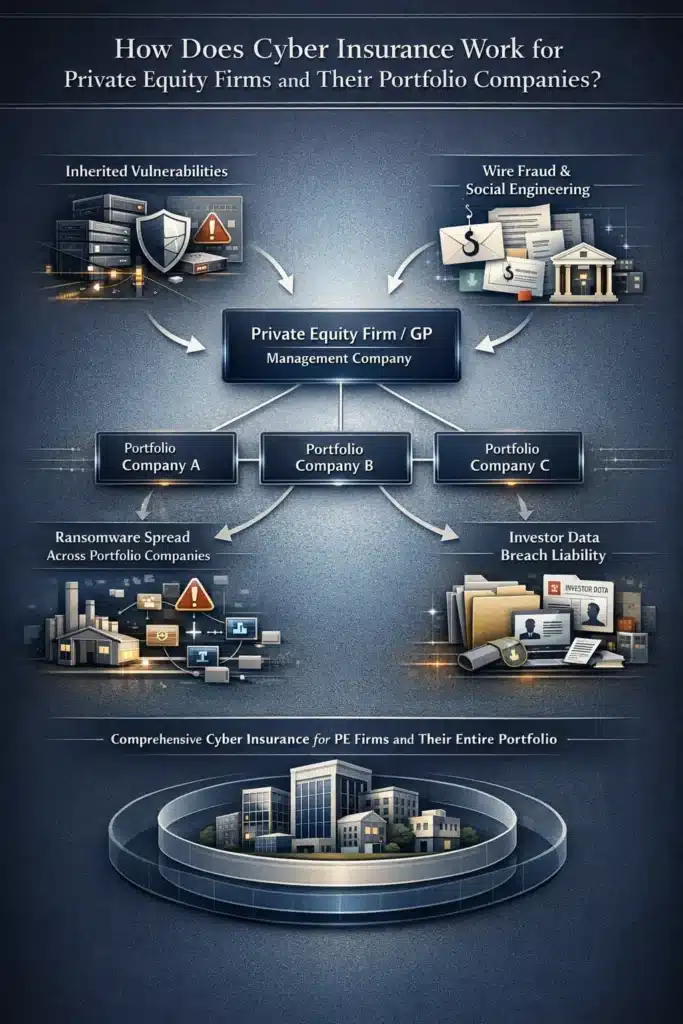 Insurance for Private Equity Firms infographic showing cyber risk across the GP entity and portfolio companies, including inherited vulnerabilities, wire fraud, ransomware, investor data breaches, and business interruption.
