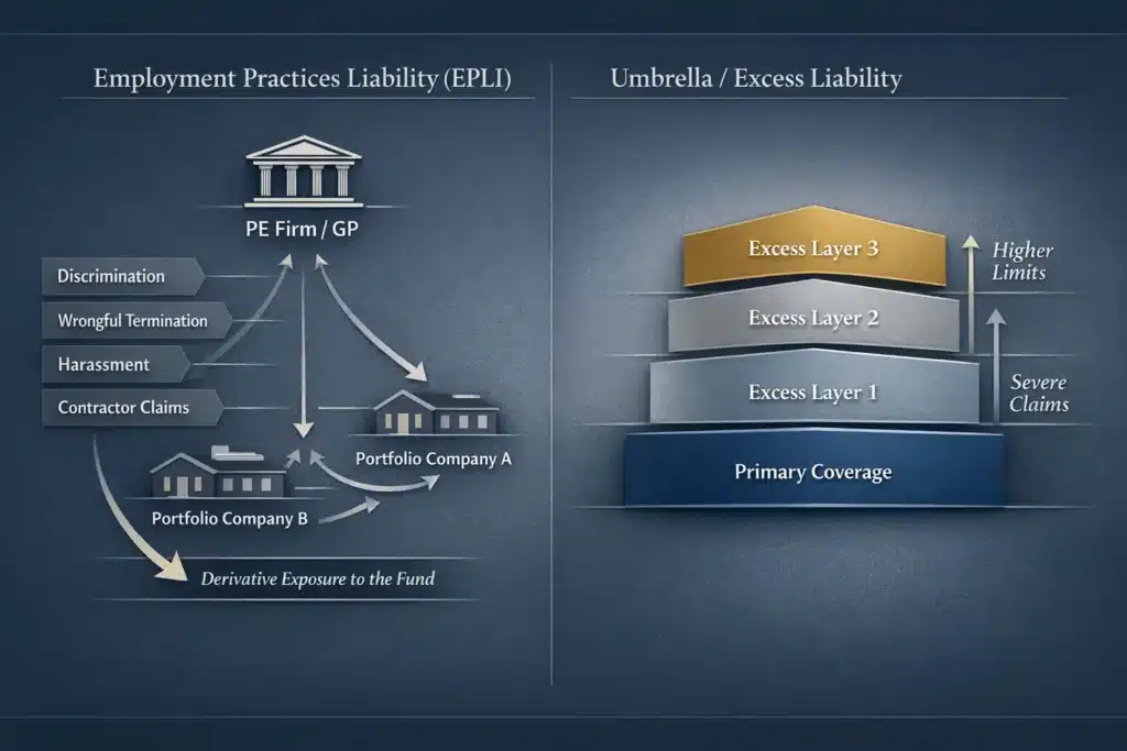 Insurance for Private Equity Firms infographic showing EPLI exposure at the GP and portfolio company levels with umbrella and excess liability layers above primary coverage.