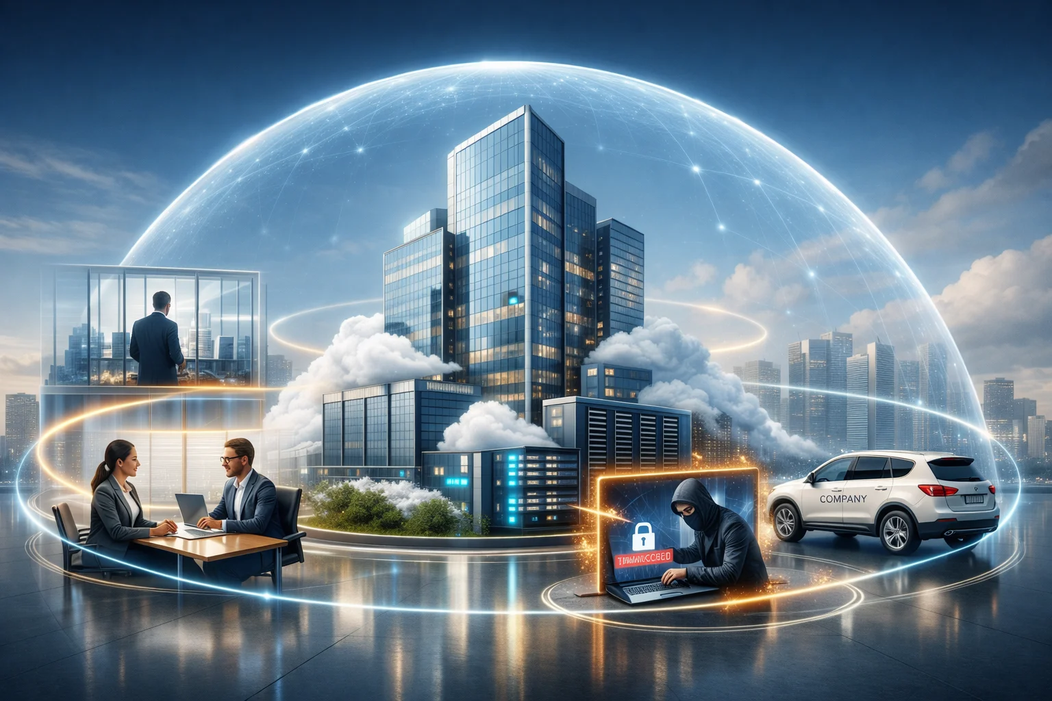 Business ecosystem protected by multiple policies including D&O, EPLI, cyber crime, and umbrella illustrating Insurance for MSSP coverage extensions