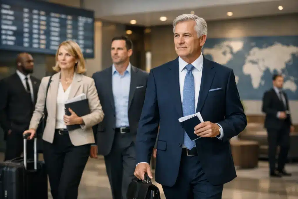 Business executives in an international travel setting with discreet security presence, illustrating Kidnap and Ransom Insurance Cost and global business risk management.