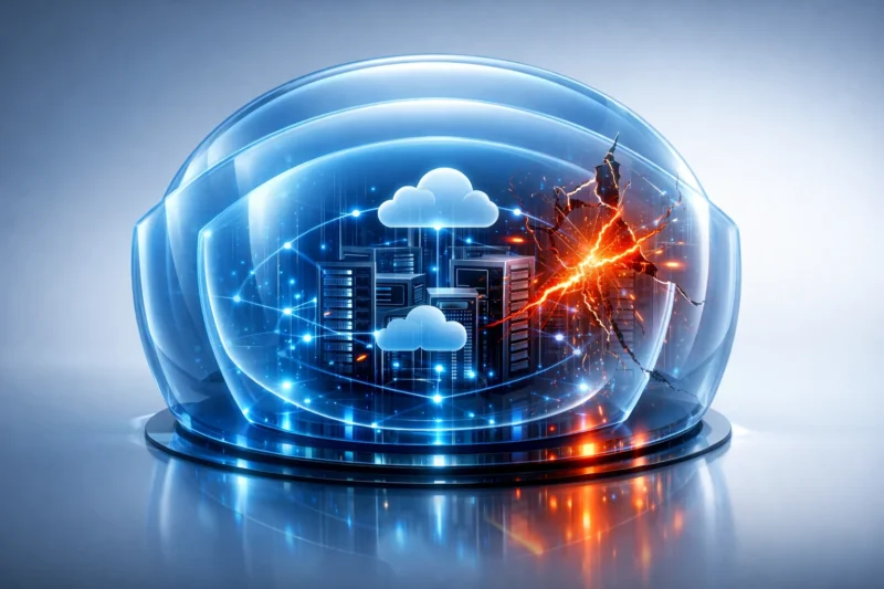 Layered digital protection system illustrating Insurance for MSSP coverage including cyber liability and Tech E&O with visible coverage gaps