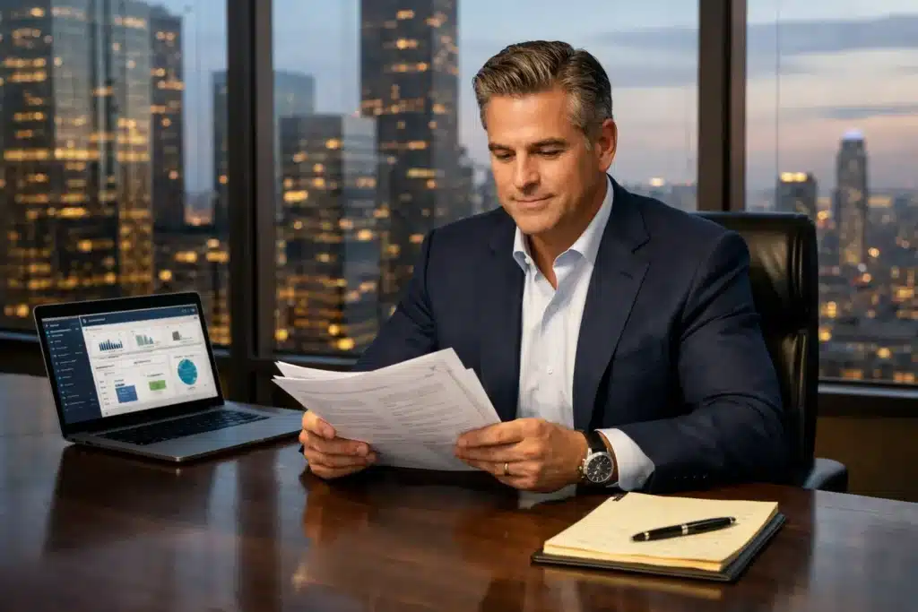 Insurance for Private Equity Firms executive reviewing policy documents and risk reports in a high-rise office.