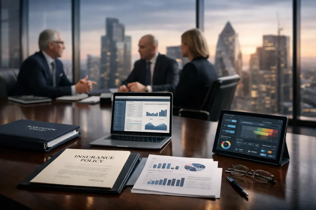 Insurance for Private Equity Firms boardroom scene with policy documents, analytics dashboards, and executives discussing risk management.