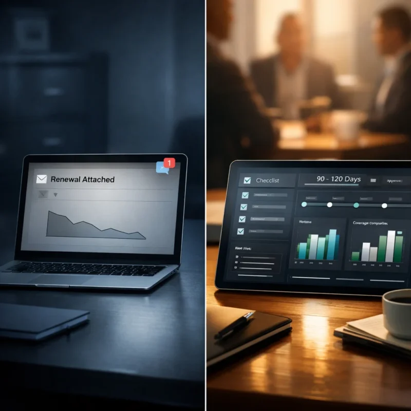 Comparison between basic insurance renewal email and proactive planning dashboard highlighting gaps and prompting Should I Switch Insurance Brokers