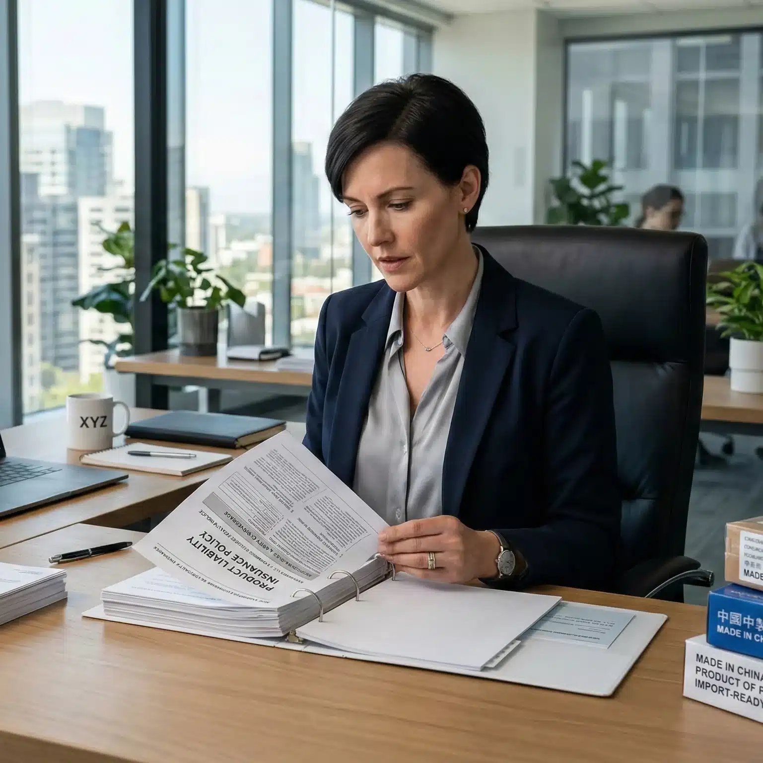 A business owner reviewing import documents and product liability insurance policy for foreign-sourced goods