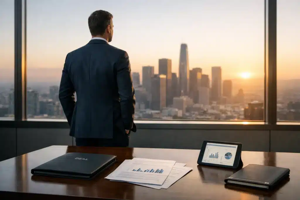 Search Fund D&O Insurance visual showing a new CEO in a modern office after an acquisition, representing leadership risk, personal liability, and executive protection.
