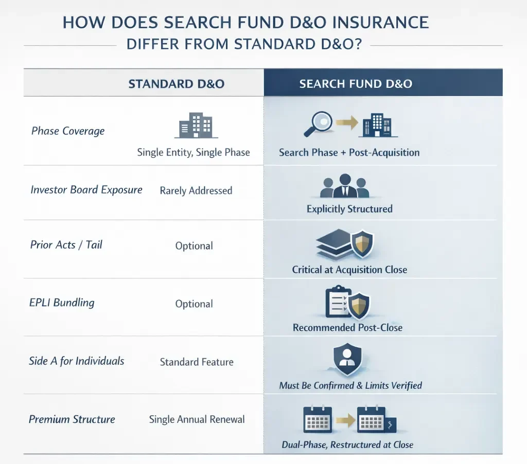 Search Fund D&O Insurance comparison infographic showing how it differs from standard D&O in phase coverage, investor board exposure, prior acts coverage, EPLI, and premium structure.