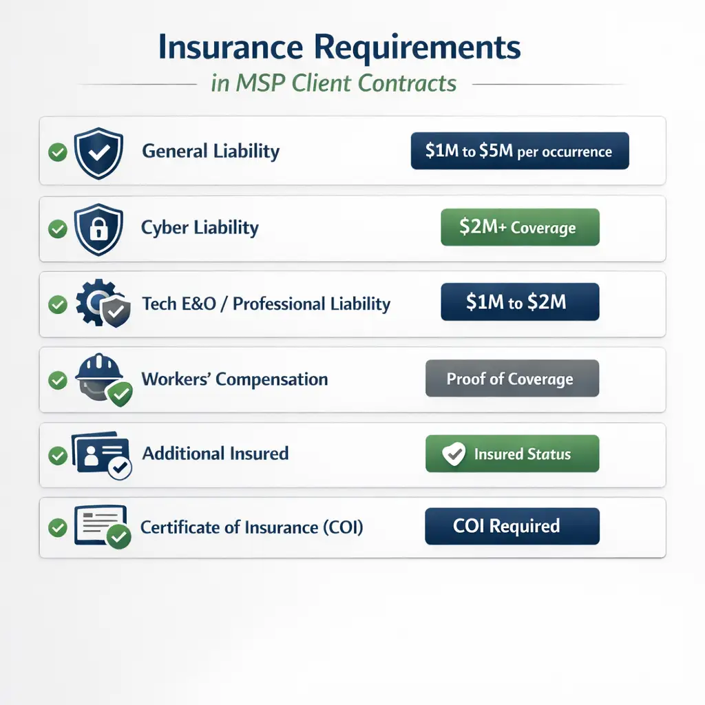 MSP Insurance mistakes graphic showing low coverage limits, non-specialist brokers, missing prior acts coverage, incomplete disclosure, and outdated policies.