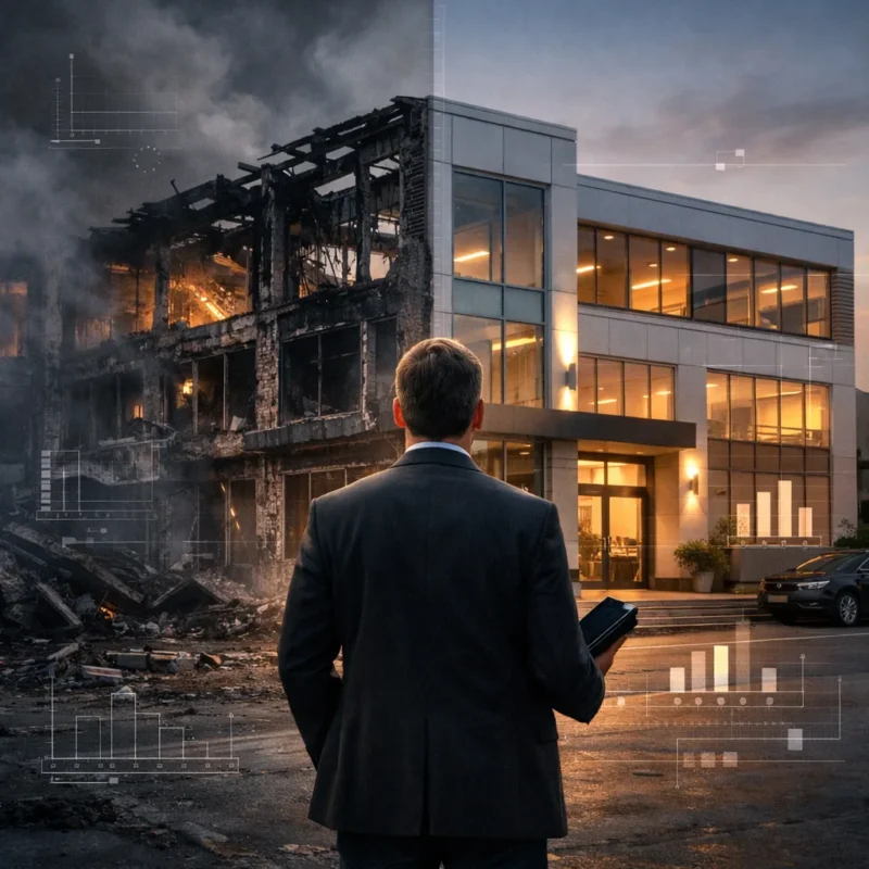 Commercial building partially damaged and restored showing insurance valuation gaps and why business owners ask Should I Switch Insurance Brokers
