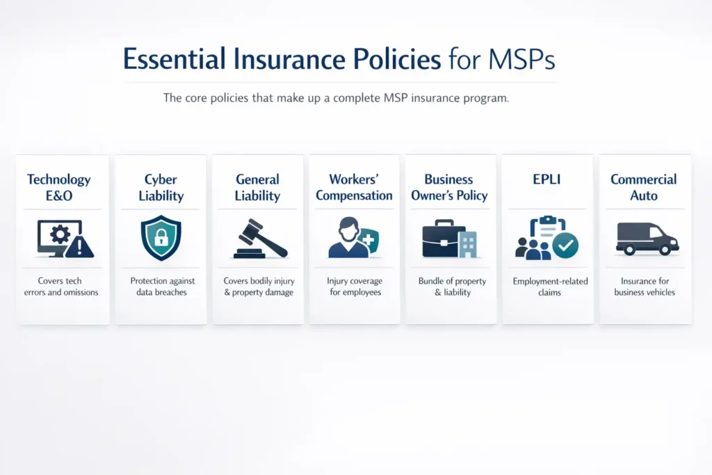 MSP Insurance contract requirements infographic showing general liability, cyber liability, Tech E&O, workers compensation, additional insured status, and COI requirements.