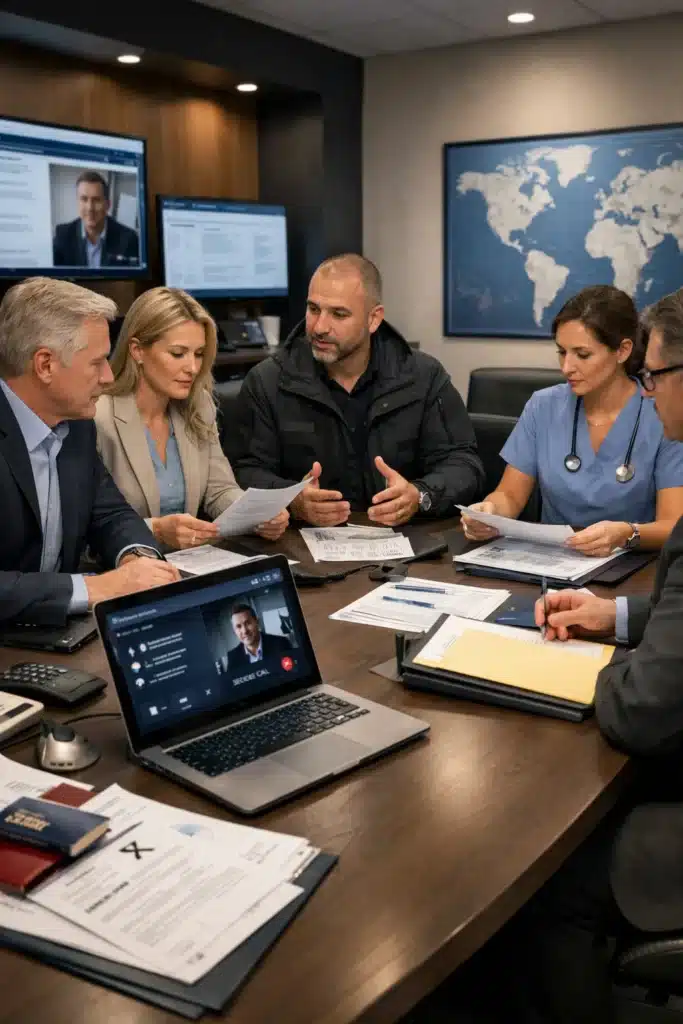 Crisis response professionals and executives in a corporate meeting illustrating what kidnap and ransom insurance covers, including Kidnap and Ransom Insurance Cost-related protection such as legal, medical, cyber extortion, and business interruption support.
