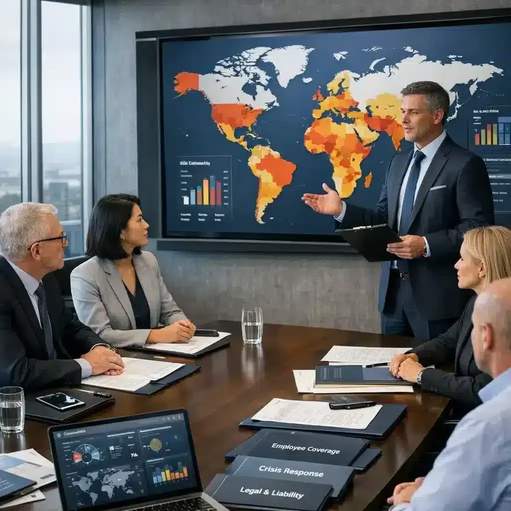 Insurance advisor presenting global travel risk and policy planning to executives, illustrating Kidnap and Ransom Insurance Cost, coverage factors, and who needs kidnap and ransom insurance.
