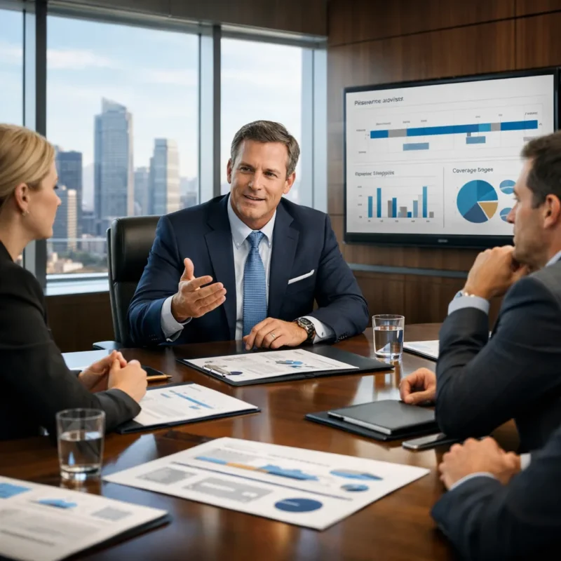 Insurance advisor leading a strategic meeting with executives reviewing reports and coverage planning, showing the value of a proactive broker and prompting the question Should I Switch Insurance Brokers