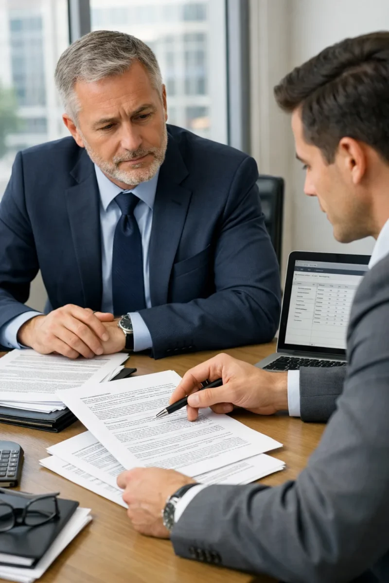 Business professionals reviewing contracts and insurance documents to check coverage requirements and consider Should I Switch Insurance Brokers