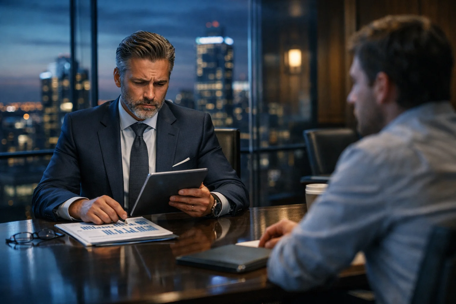 Business owner reviewing insurance documents while disengaged broker sits across the table, raising the question Should I Switch Insurance Brokers