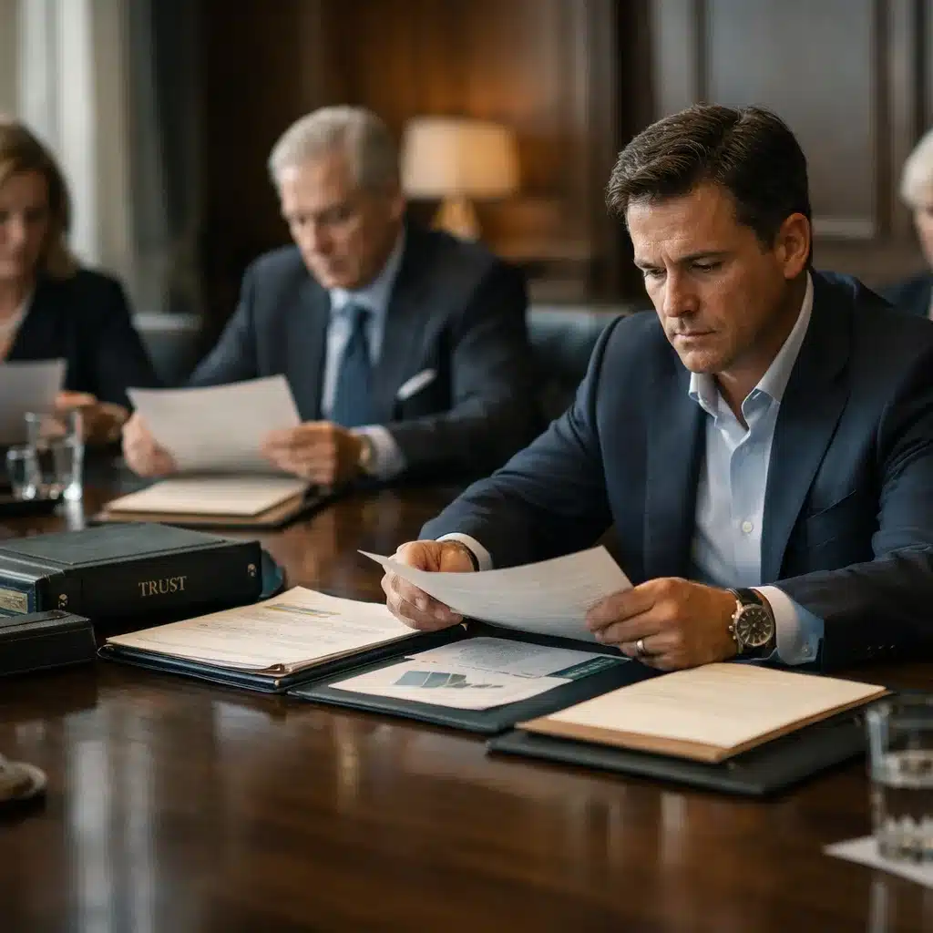 Family office principal reviewing an insurance proposal with an advisor in a luxury boardroom, highlighting the need for tailored Single-Family Office Insurance.