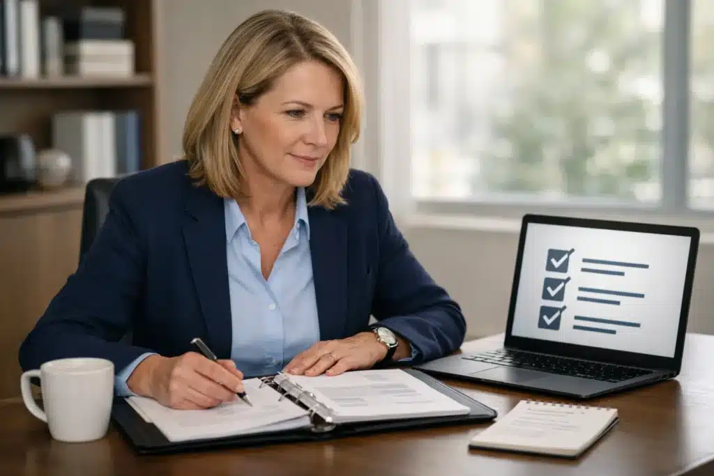 A business owner at a desk reviews a cybersecurity training program binder and laptop screen showing a training module checklist for employee security awareness.