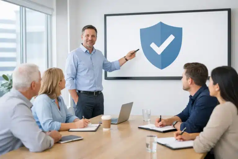 A small business team participates in a cybersecurity awareness training session in a modern office, learning to recognize phishing and social engineering threats.
