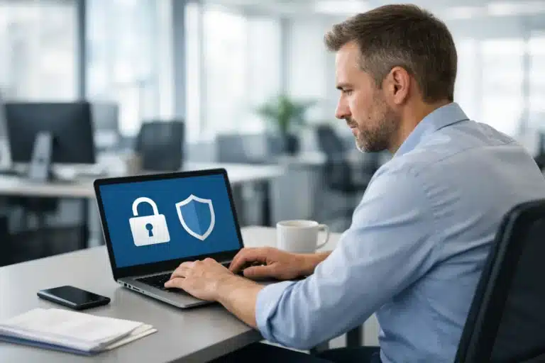 A small business employee reviews a cybersecurity training module on a laptop, illustrating employee cybersecurity training on device security best practices.