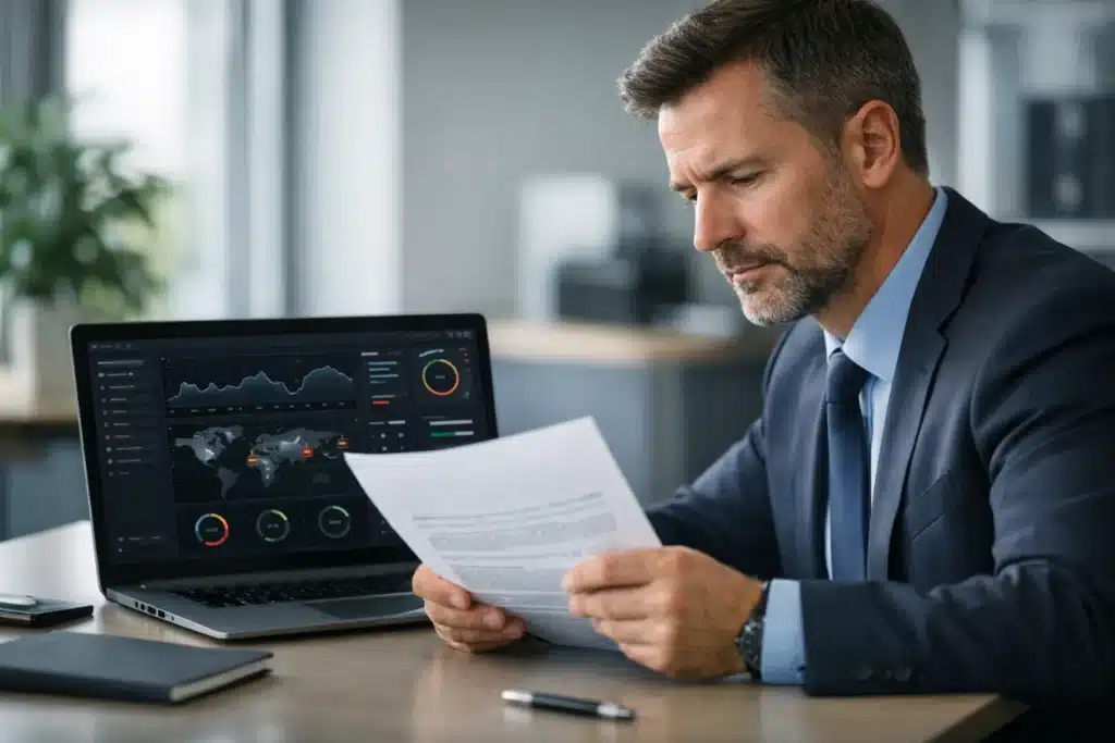 Business professional reviewing cyber threat insurance policy documents on a desk with a laptop displaying a network security dashboard