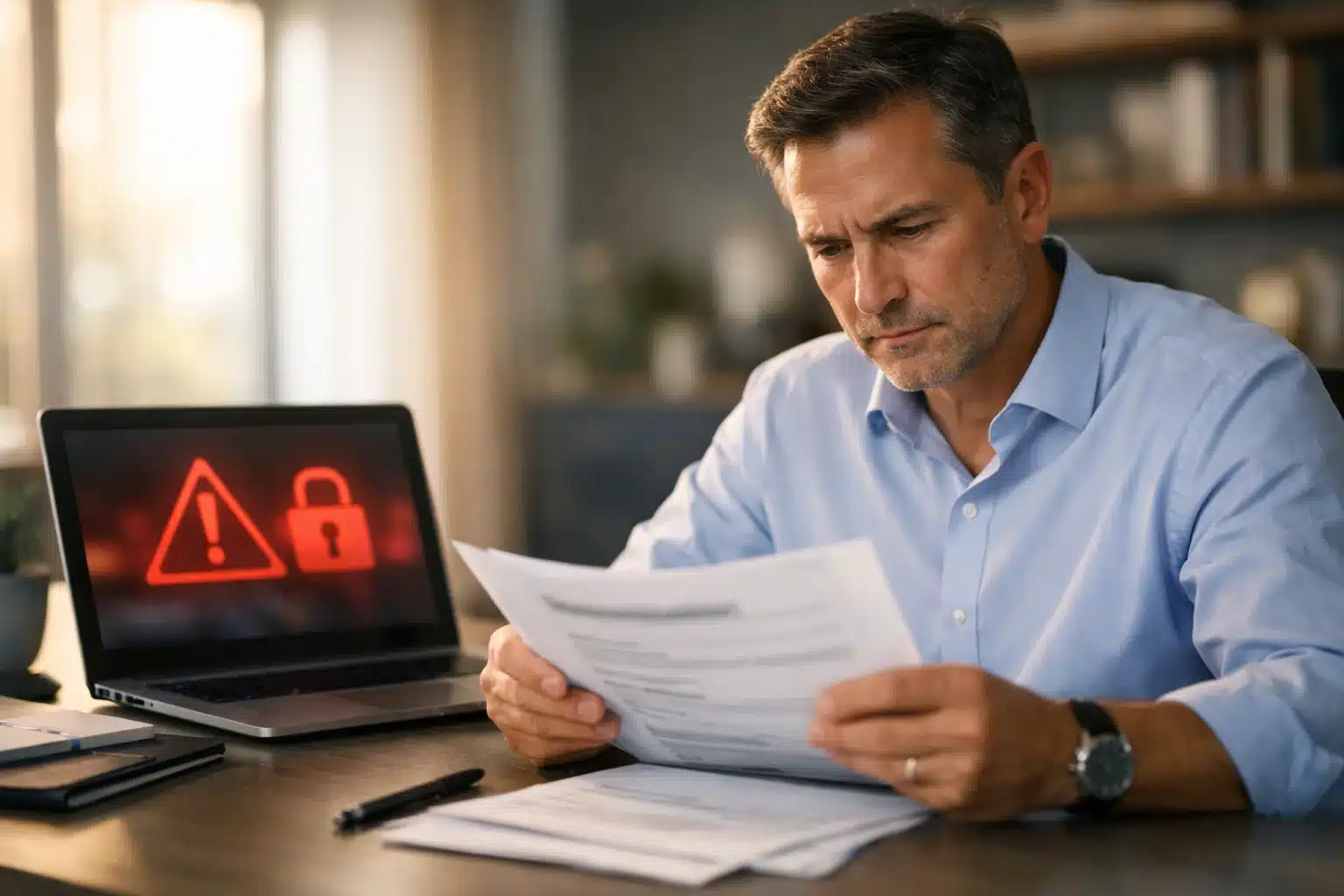 Business owner reviewing data breach insurance policy documents on a desk with a laptop showing a security alert