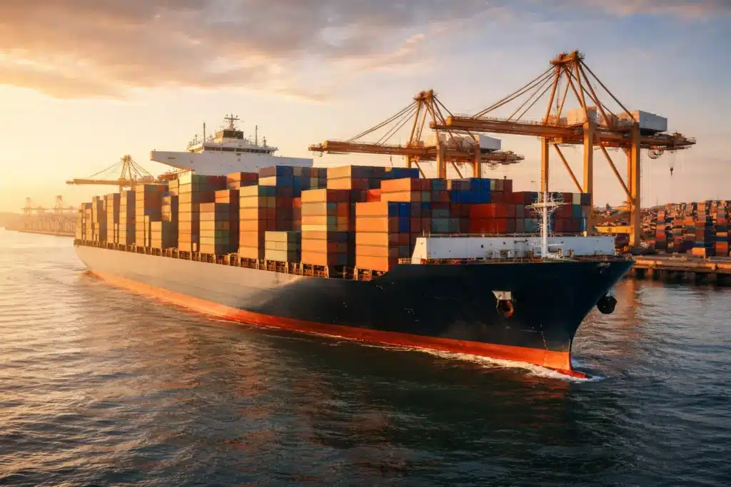 Shipping container vessel at a major commercial port with cargo containers stacked on deck, illustrating the need for ocean cargo insurance